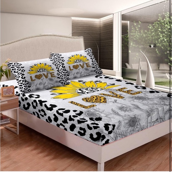 3pcs Sunflower🌻Fitted Sheet Black Grey Leopard Print Bedding 🛏️ Set Queen Sz - Picture 3 of 8